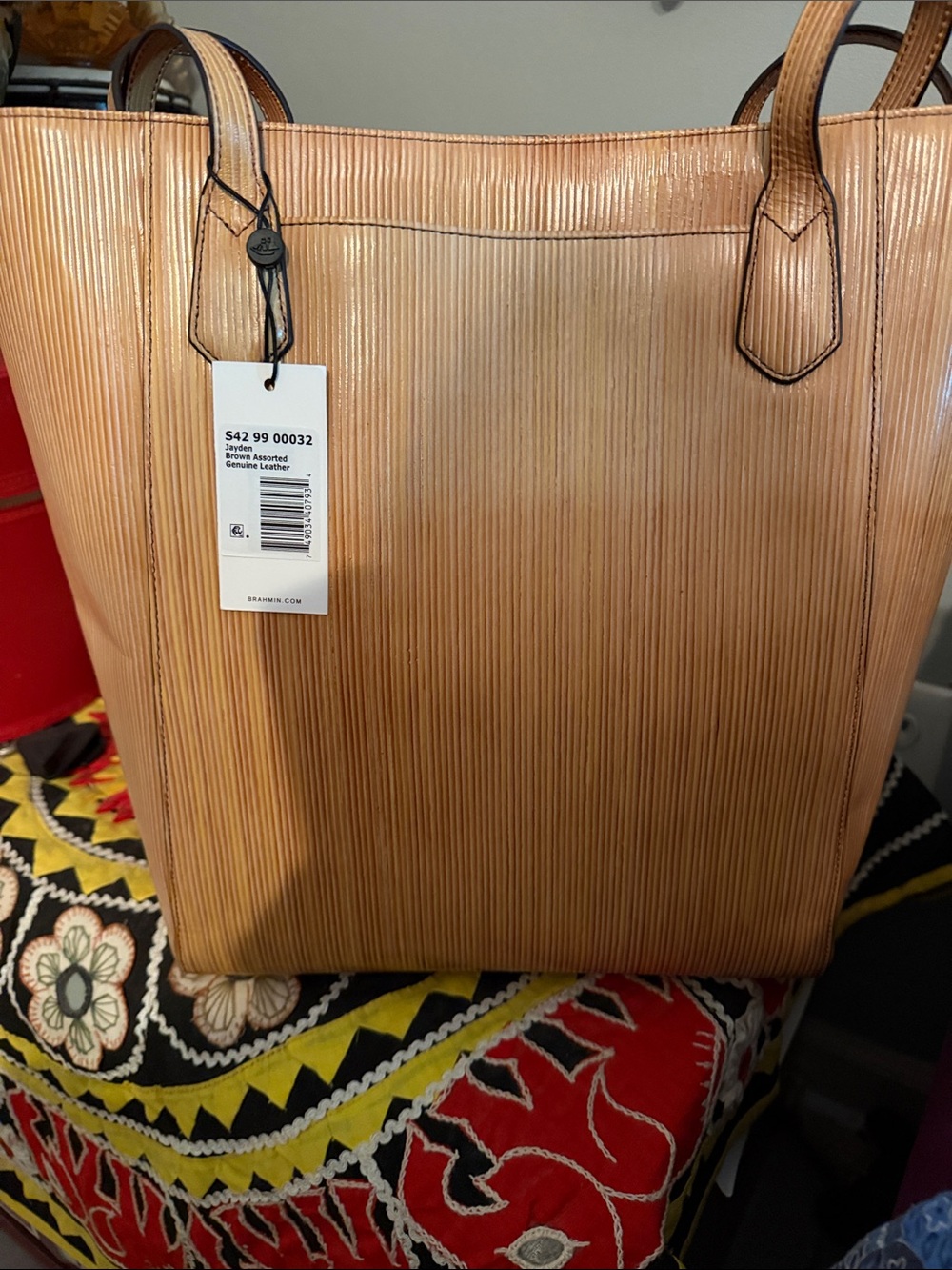 Brahmin Tan Vertical-Textured Leather Tote - Picture 3 of 15